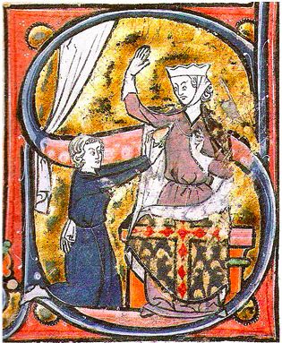 The earliest known visual depiction of a heart symbol, as a lover hands his heart to the beloved lady, in a manuscript of the Roman de la poire, mid-13th century.