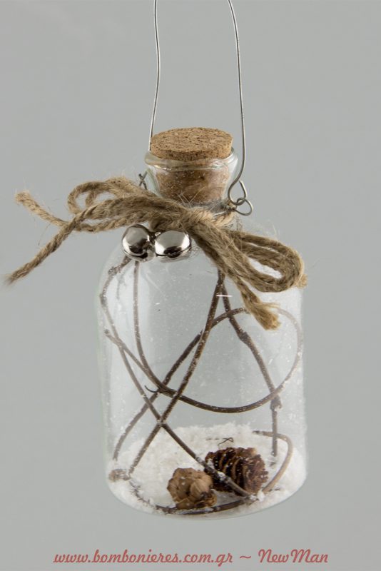 Στολίδι σε μπουκαλάκι με φελλό, διακοσμημένο με κλαδί ελάτου ή κλαδί με κουκουνάρι.