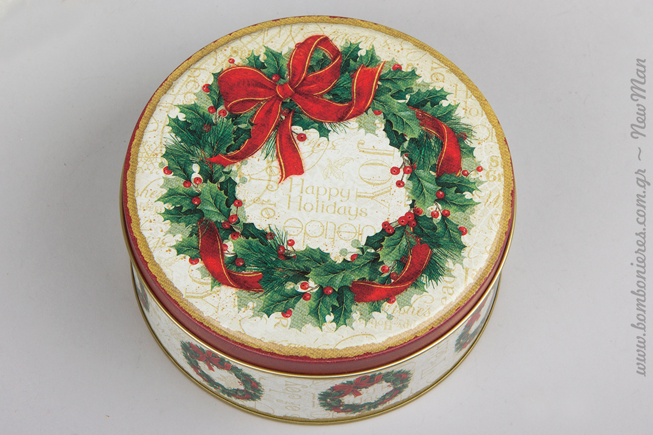 Χριστουγεννιάτικα μεταλλικά κουτιά στρογγυλά με αλεξανδρινό, έλατο ή στεφάνι.