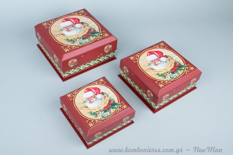 Χάρτινα χριστουγεννιάτικα κουτιά Santa σε κόκκινο χρώμα: (14x14x6cm), (17x17x8cm) και (19x19x8cm)