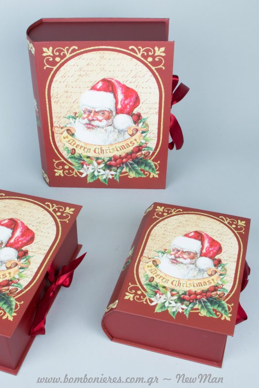 Χάρτινα κουτιά Santa σε σχήμα βιβλίου (κόκκινο χρώμα). Διατίθενται σε διαφορετικά μεγέθη.