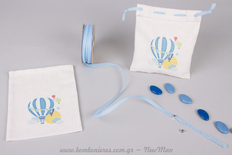 DIY μπομπονιέρες με θέμα Αερόστατο και DIY μαρτυρικά σε κορδέλα φιλντιρέ (σιέλ) για τη βάπτιση του μικρού σας.