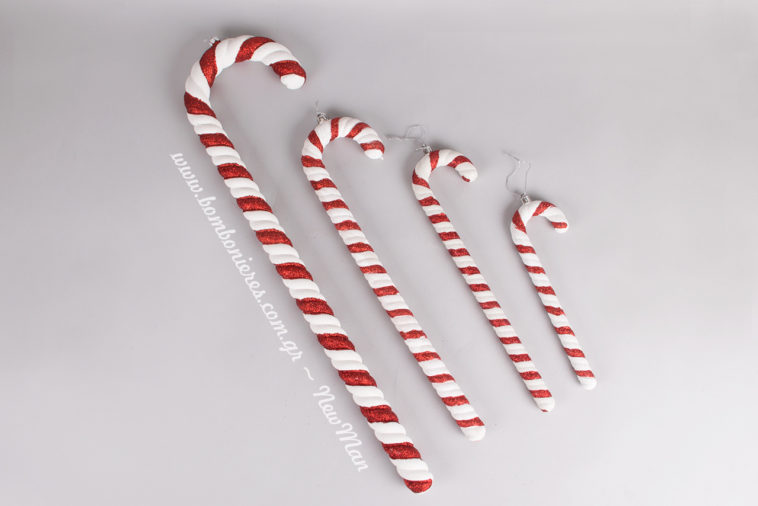 Κρεμαστά διακοσμητικά μπαστούνια (κόκκινο-άσπρο) για την χριστουγεννιάτικη διακόσμηση. Διατίθενται σε 4 διαφορετικά μεγέθη.