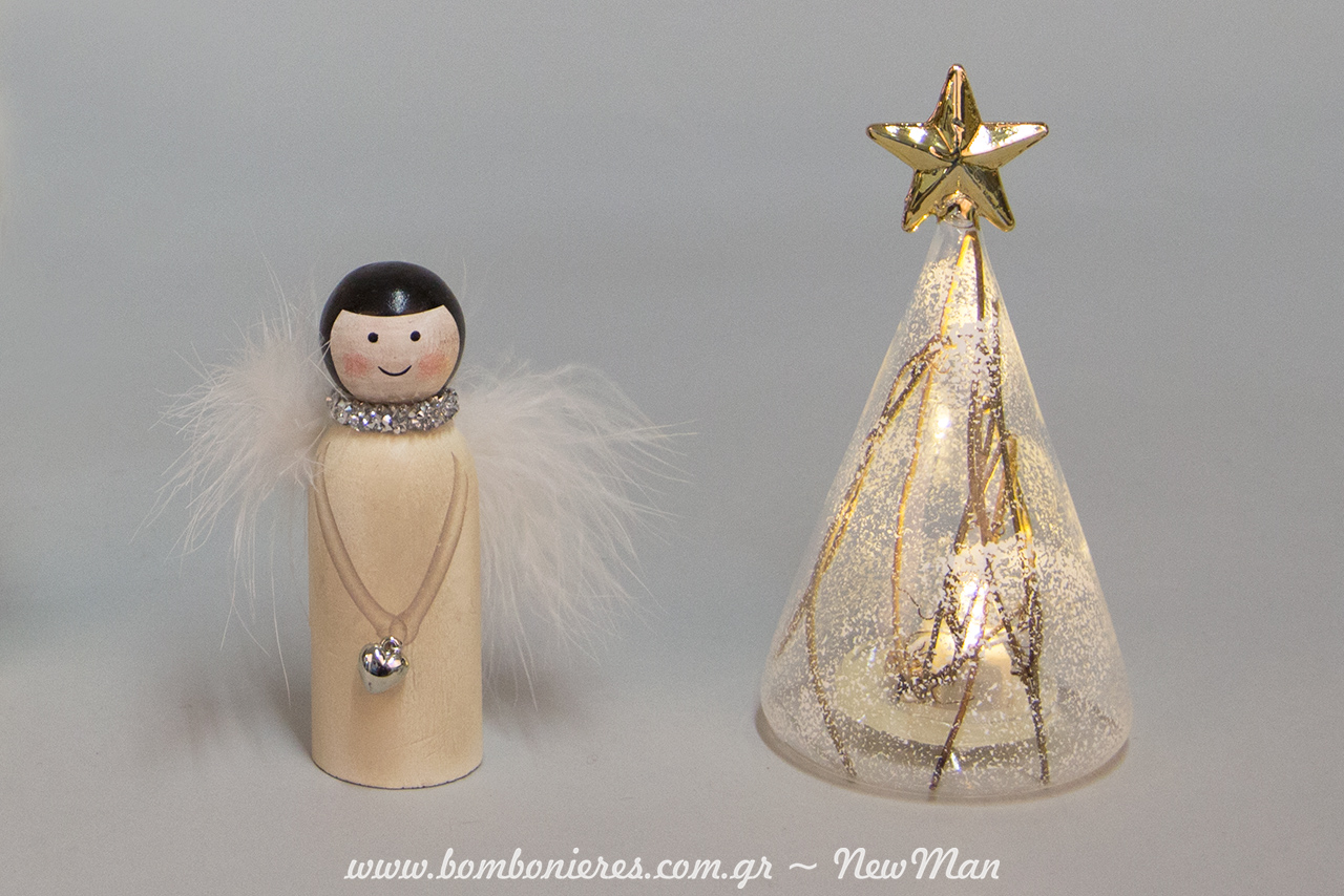 Ξύλινη Αγγελίνα (10cm) και γυάλινο δεντράκι LED (6 x 14cm) για την εορταστική διακόσμηση ή τα συμβολικά δωράκια σας.
