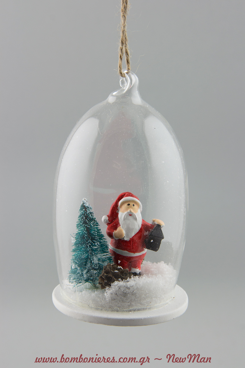 564339 Κρεμαστό στολίδι σε γυάλα με μίνι χριστουγεννιάτικό δέντρο και Άγιο Βασίλη που κρατάει φανάρι (φ.6cm x 11cm).