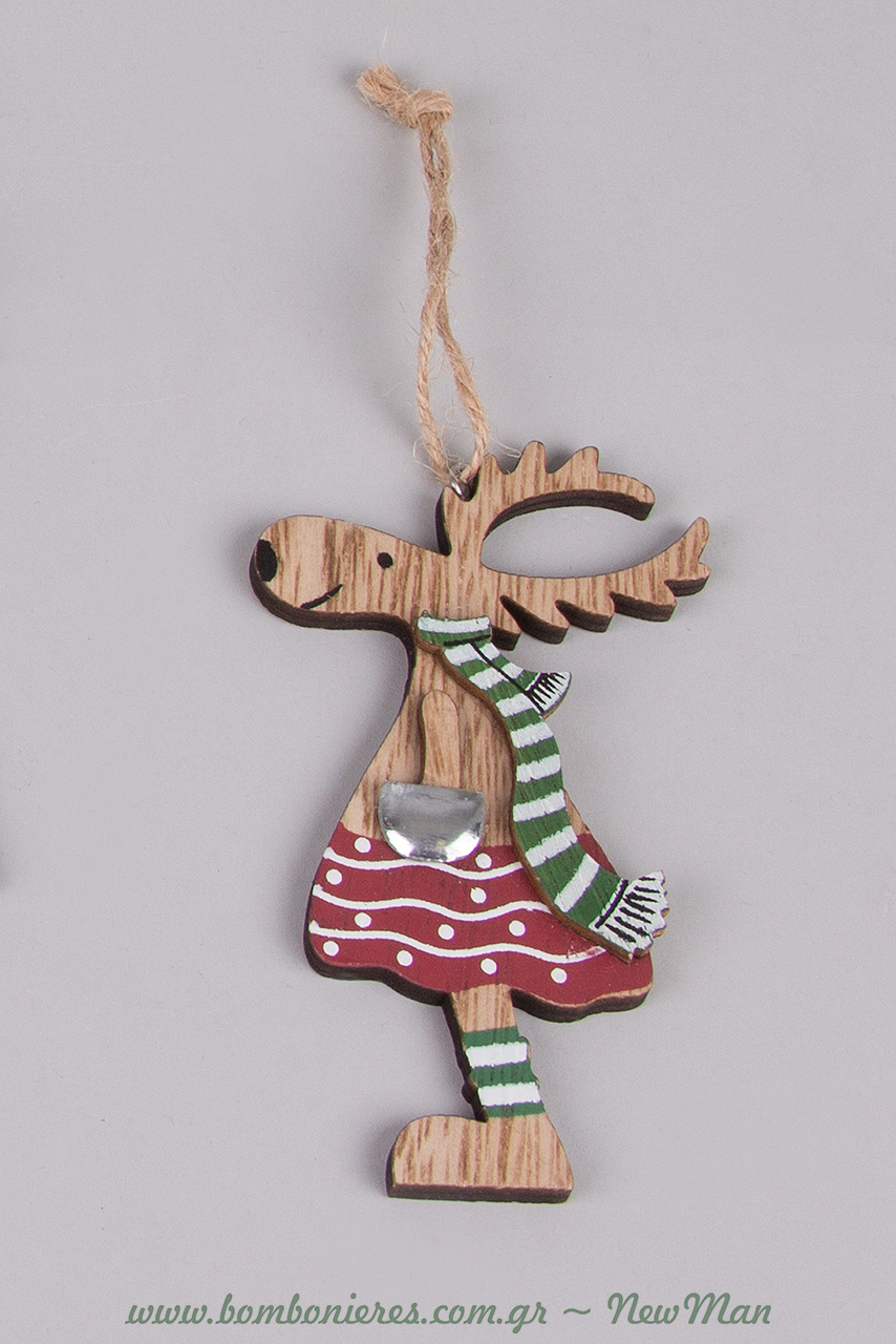 Ξύλινο στολίδι τάρανδος (κορίτσι) με κασκόλ, πουά φούστα και ριγέ κάλτσες για το χριστουγεννιάτικο στολισμό σας.