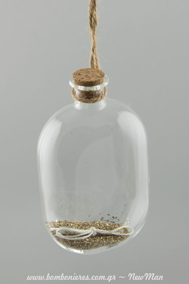 380571 Κρεμαστό γυάλινο μπουκάλι με φελλό (στρογγυλό ή μακρόστενο) γεμάτο χρυσόσκονη και όμορφα χριστουγεννιάτικα μηνύματα.