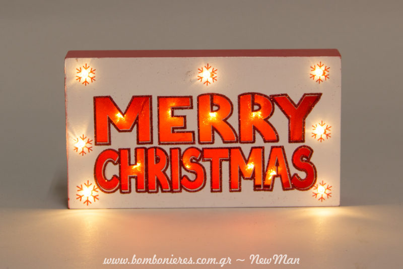 Κρεμαστή πινακίδα Merry Christmas με χιονονιφάδες (20 x 11 x 4cm) και φως Led για τη χριστουγεννιάτικη σας διακόσμηση.