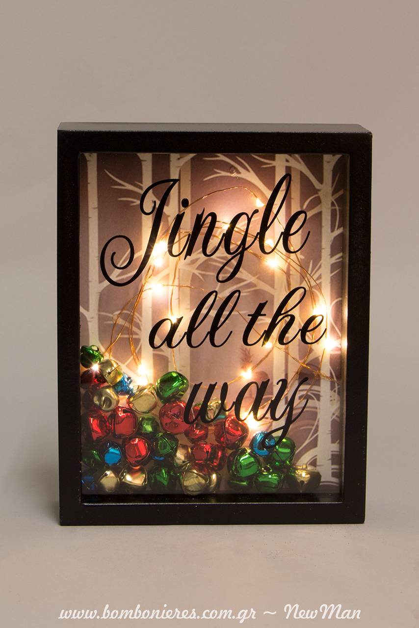 Χριστουγεννιάτικο καδράκι Jingle all the way (12 x 22 x 2cm) με φως Led και κουδουνάκια.