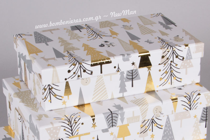 Ορθογώνια χάρτινα κουτιά σε χριστουγεννιάτικο σχέδιο και σε τρία διαφορετικά μεγέθη: 11x19x5cm, 13x20x6cm, 23x16x7cm.