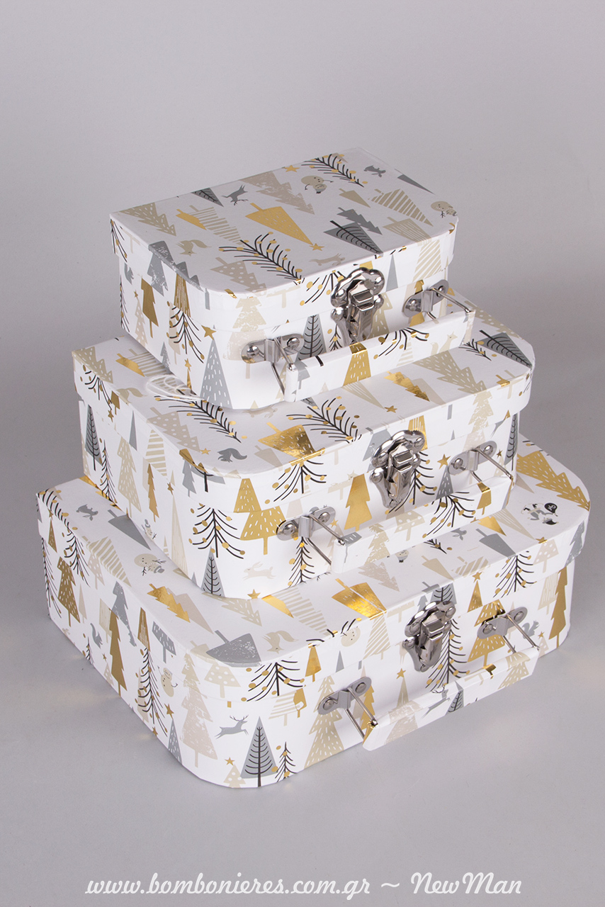 Χάρτινα χριστουγεννιάτικα κουτιά-βαλιτσάκι με μεταλλικό κούμπωμα (15x10x7cm, 20x14x8cm, 24x18x9cm).