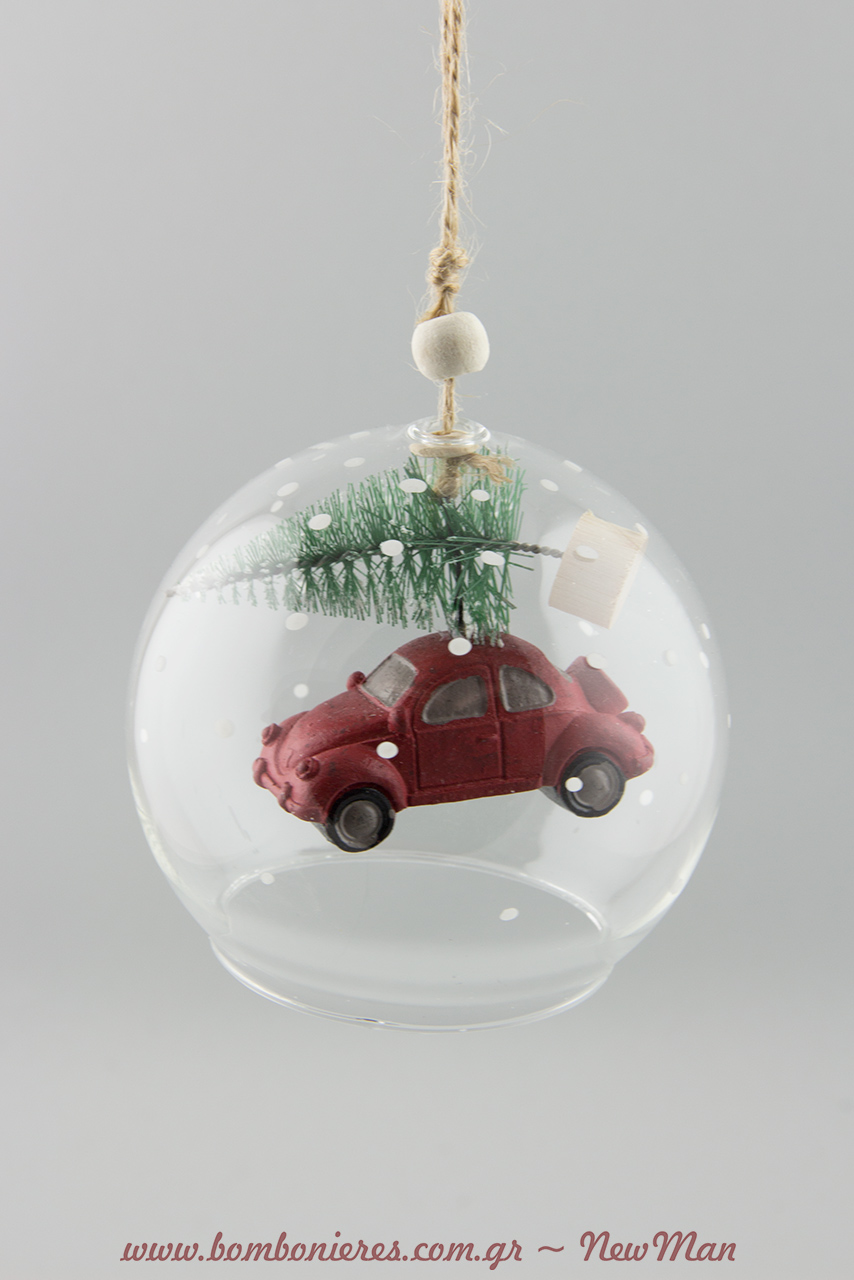 Γυάλινη καμπάνα με αμάξι (κόκκινο ή πράσινο) που μεταφέρει χριστουγεννιάτικο δέντρο.