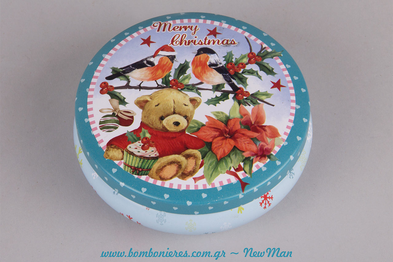 Γαλάζιο στρογγυλό μεταλλικό κουτί (φ. 11 x 4cm) με λουλούδια, πουλάκια κι ένα γλυκύτατο αρκουδάκι που σας εύχεται Merry Christmas!