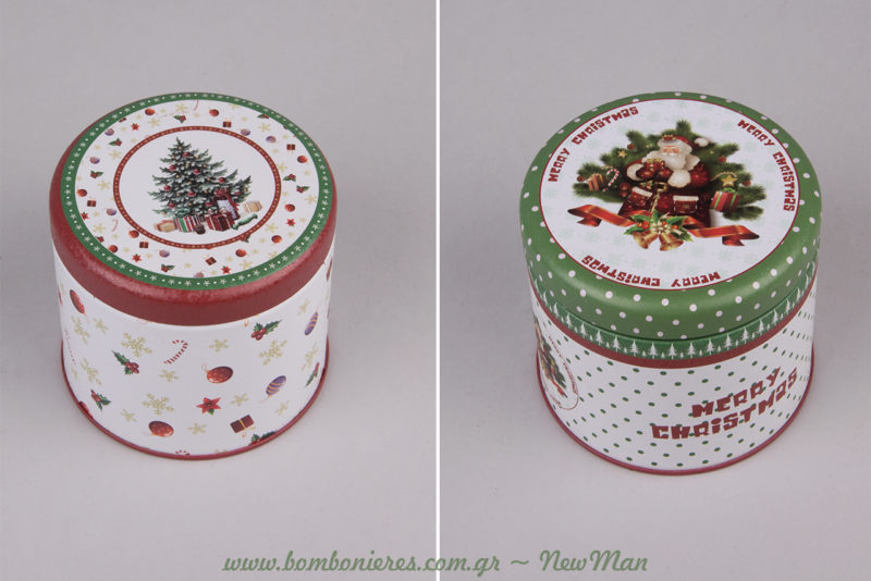 Στρογγυλά μεταλλικά κουτιά σε πράσινες-λαδί και κόκκινες αποχρώσεις με πουά μοτίβο ή μοτίβο χριστουγεννιάτικα δωράκια.