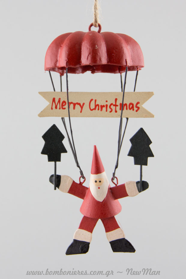 Ακόμη και με αλεξίπτωτο θα πέσει ο Άγιος Βασίλης προκειμένου να ευχηθεί σε όλους μας: Καλά Χριστούγεννα! (στολίδι- 15cm).