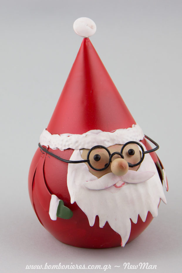 Μεταλλικός Άγιος Βασίλης σε σχήμα μπάλας. Φοράει γυαλιά κι είναι απίστευτα γλυκούλης (15cm).
