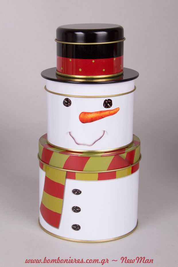 Στρογγυλά μεταλλικά κουτιά που σχηματίζουν χιονάνθρωπο. Διακοσμήστε την κουζίνα ή γεμίστε τα λιχουδιές και χαρίστε τα σε αγαπημένους σας ανθρώπους.