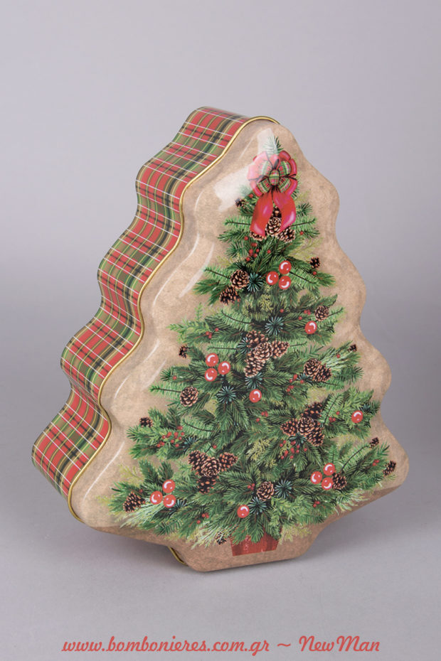 Χριστουγεννιάτικο μεταλλικό κουτί (σχήμα δεντράκι) με πανέμορφες καρό λεπτομέρειες.