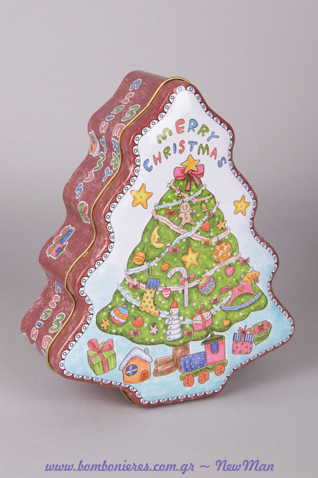 Χριστουγεννιάτικο μεταλλικό κουτί Merry Christmas (σχήμα δεντράκι) για την εορταστική σας διακόσμηση ή την αποθήκευση γλυκών.