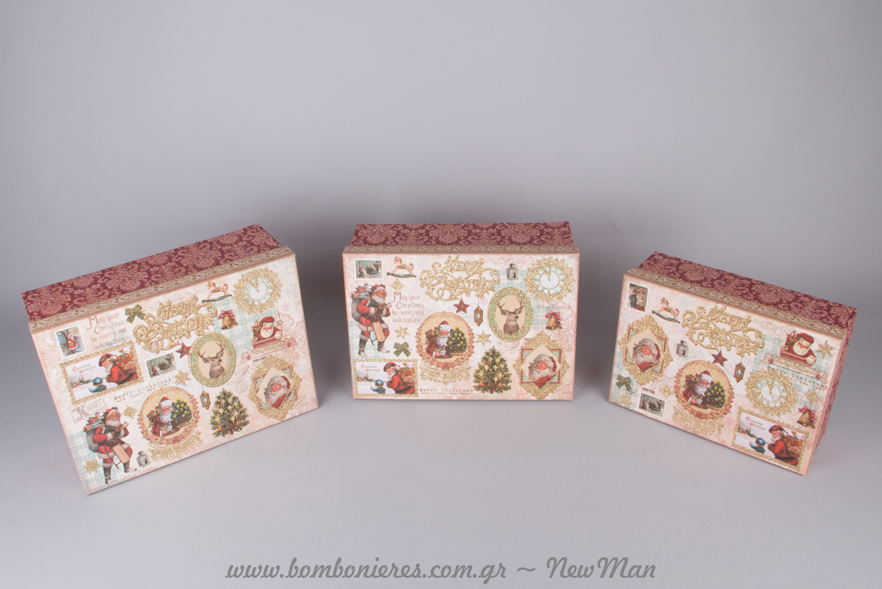Χάρτινα ορθογώνια κουτιά σε μπαρόκ ύφος (μπορντό + χρυσές αποχρώσεις) για την πρωτοχρονιάτικη διακόσμηση και τα δωράκια σας.