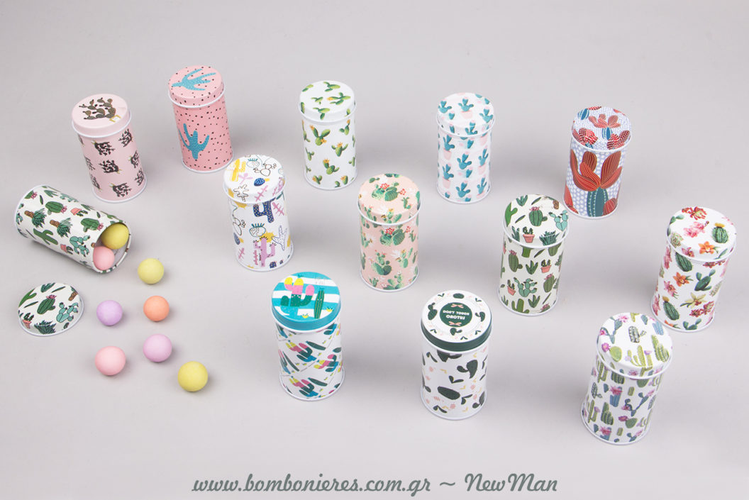 Μπομπονιέρες κακτάκια-κουτάκια σε 12 διαφορετικά σχέδια και χρώματα για να διαλέξετε το/τα δικά σας αγαπημένα.