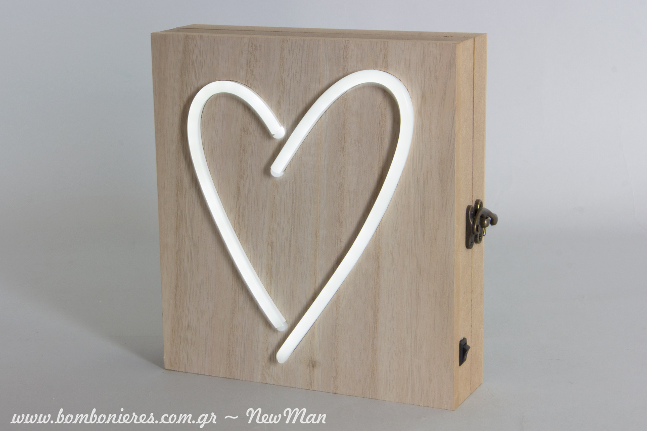 Ξύλινο κουτί με σχέδιο καρδιά LED (20 x 22 x 6cm) για ένα πρωτότυπο και σούπερ φωτεινό βιβλίο ευχών.