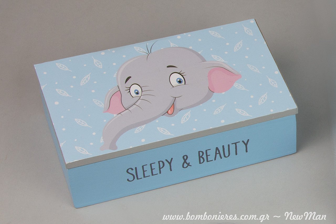 Sleepy & Beauty: xylino kouti me sxedio elefantaki (15 x 9 x 4.5cm) gia ti diakosmisi i tis mpomponieres sas.